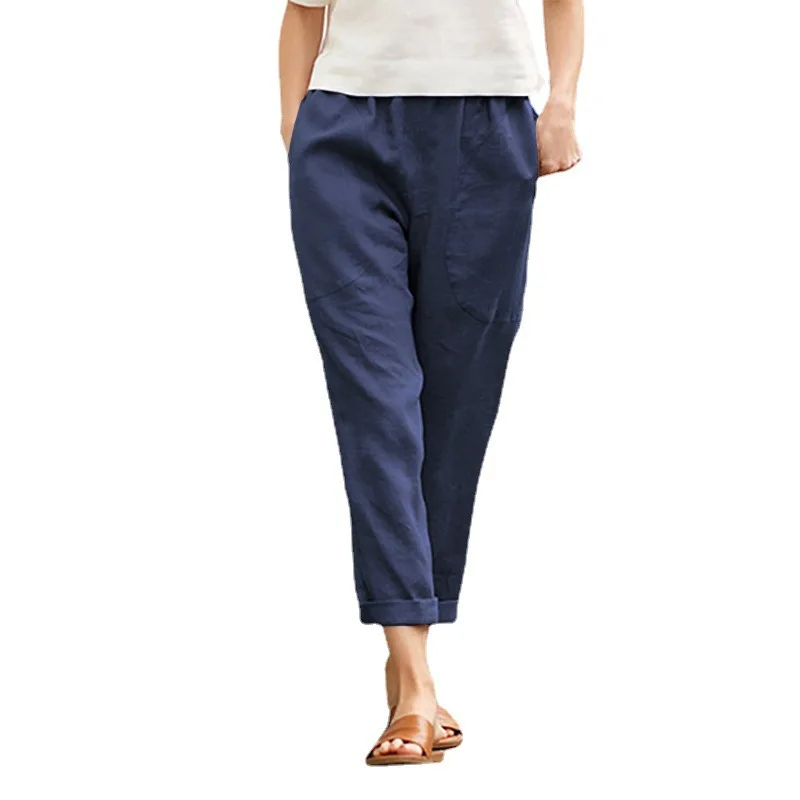 Damenhose aus Baumwolle und Leinen, einfarbig, atmungsaktiv, leicht, elastische Taille, modisch, schlichter Stil, lässige Hose mit geradem Bein – Detail 11