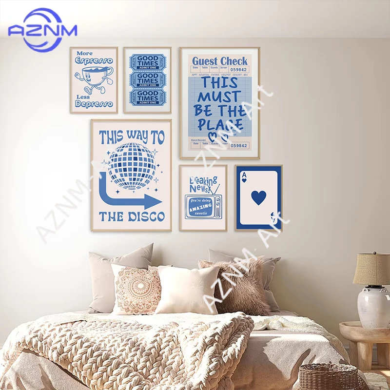 Retro-Trend Wandkunstdrucke Lucky You Cherry Poster Blauer College-Stil Y2k Leinwandgemälde Ästhetische Bilder Wohnzimmer-Dekoration