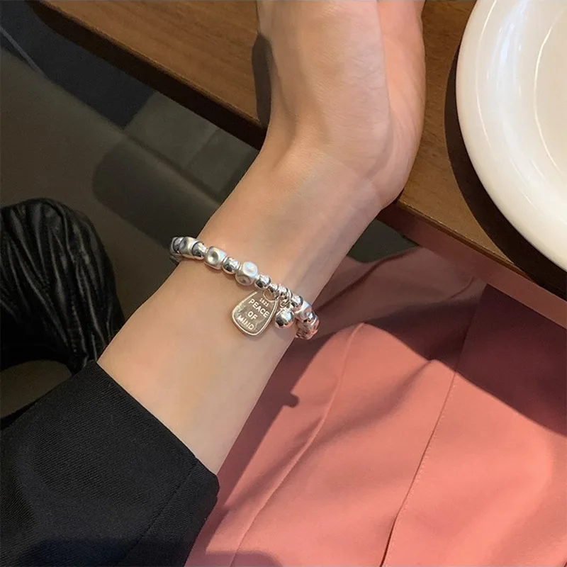 Neue 925 Silber Geometrische Perle Punk Frieden der Geist Worte Unregelmäßige String Armband Für Frau Mädchen Mode Schmuck Geschenk Dropship