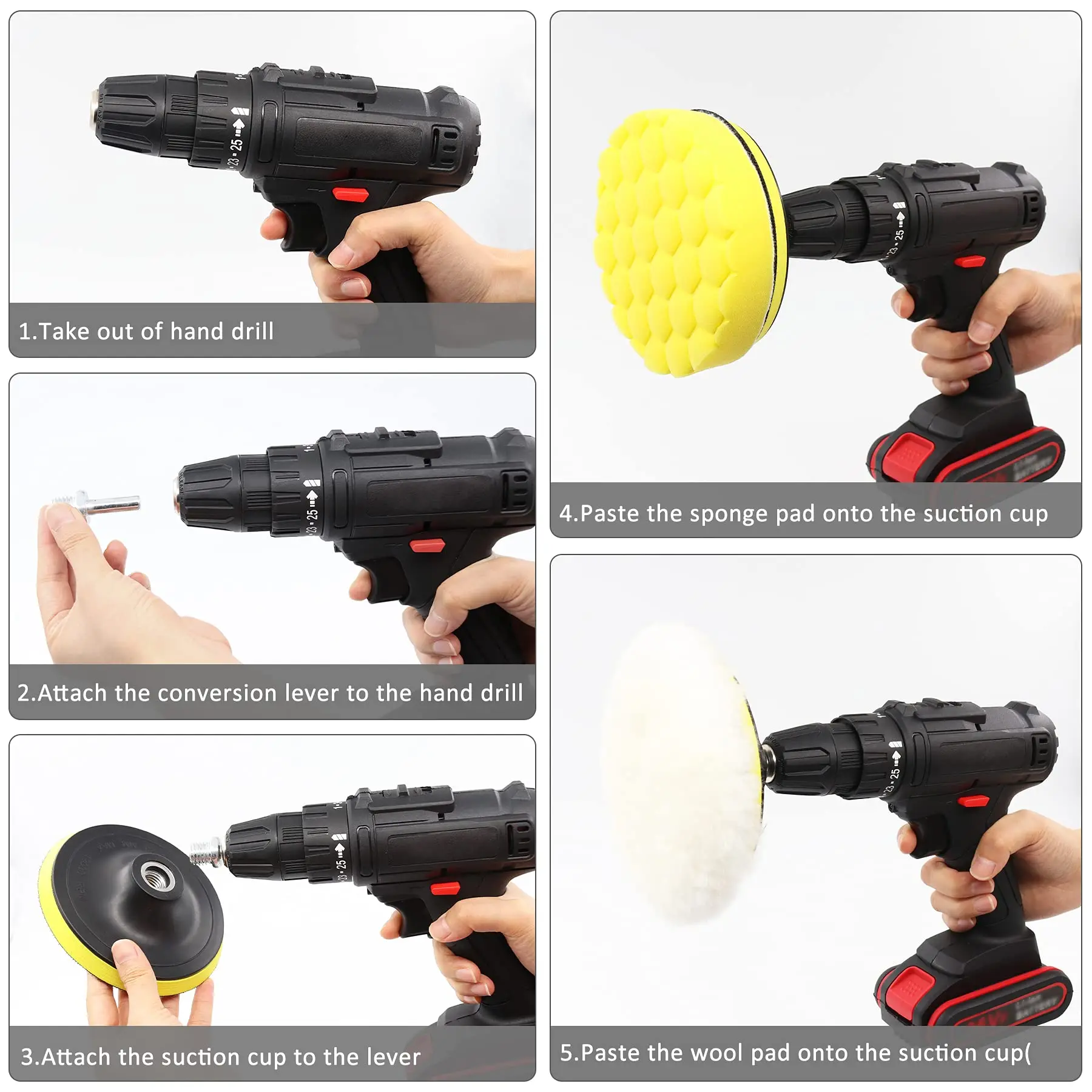 Almohadillas de pulido de coche de 5 pulgadas para taladro, Kit de pulido de 125mm con adaptador de taladro M14 y almohadillas de pulido de cera de lana para limpieza de coche
