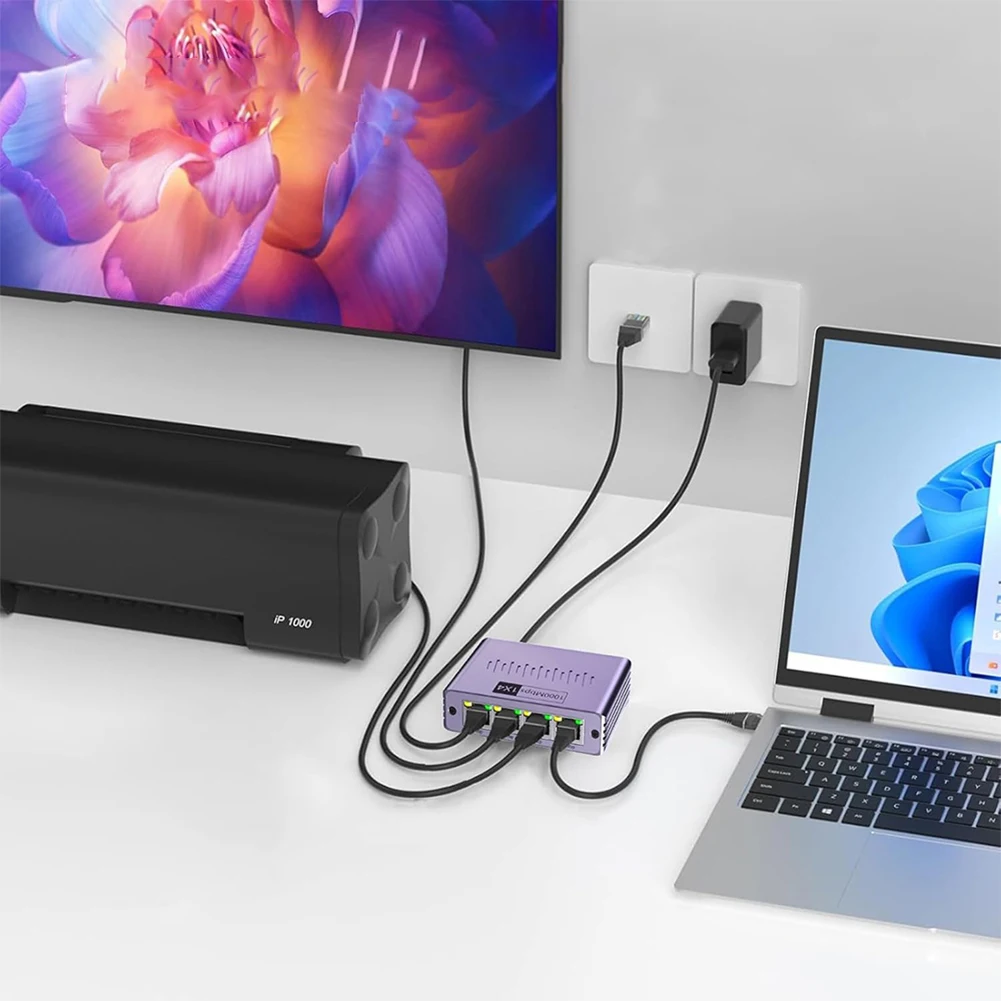 Hoge snelheid Gigabit Ethernet-splitter met RJ45-adapter en Type C-voedingskabel voor netwerkuitbreidingsopties Eén tot vier