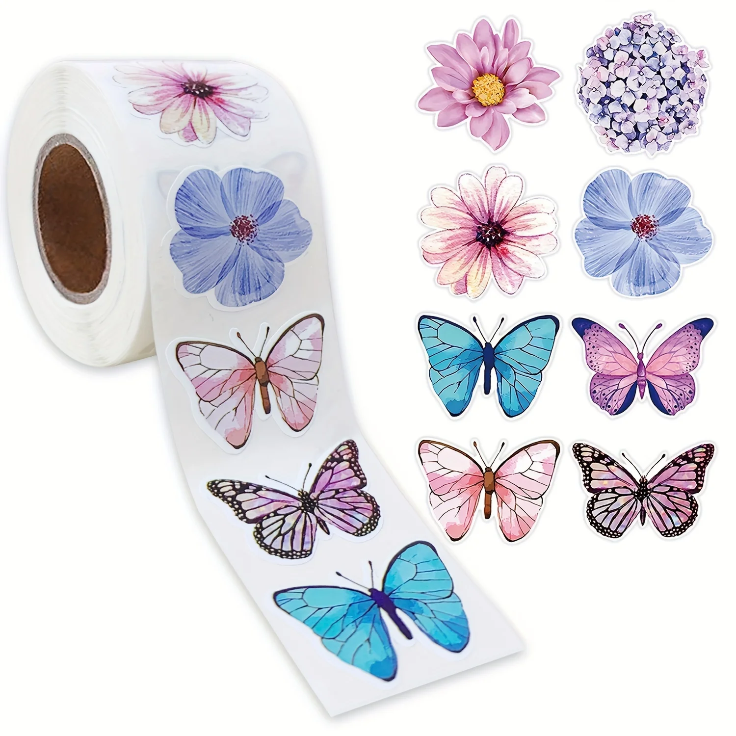 500-Piece Roll of Vibrant Butterfly Flower Stickers - Eye-Catching, Special-Shaped Designs for Decor, Boxes & More Self-Adhesive