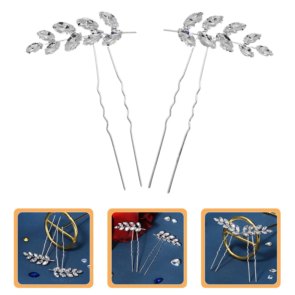 2Pcs Wheat Ear Design Hair Pin Rhinestone Accented U Shaped Hair Fork Bun Holder for Wedding Evening Dance Birthday