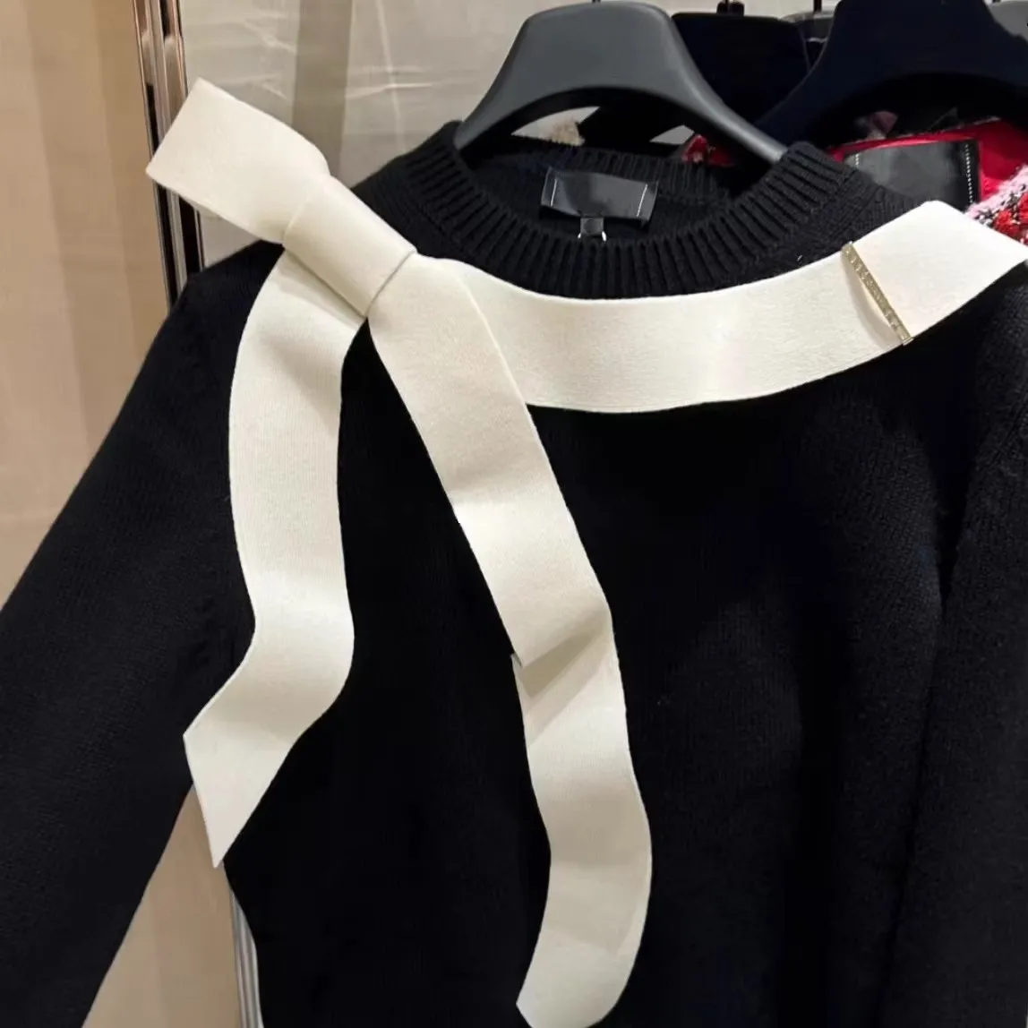 

Свитер 25, осенне-зимний новый стильный воротник с широким краем и бантом, декоративный комплект, вязаный свитер с круглым вырезом и длинными рукавами