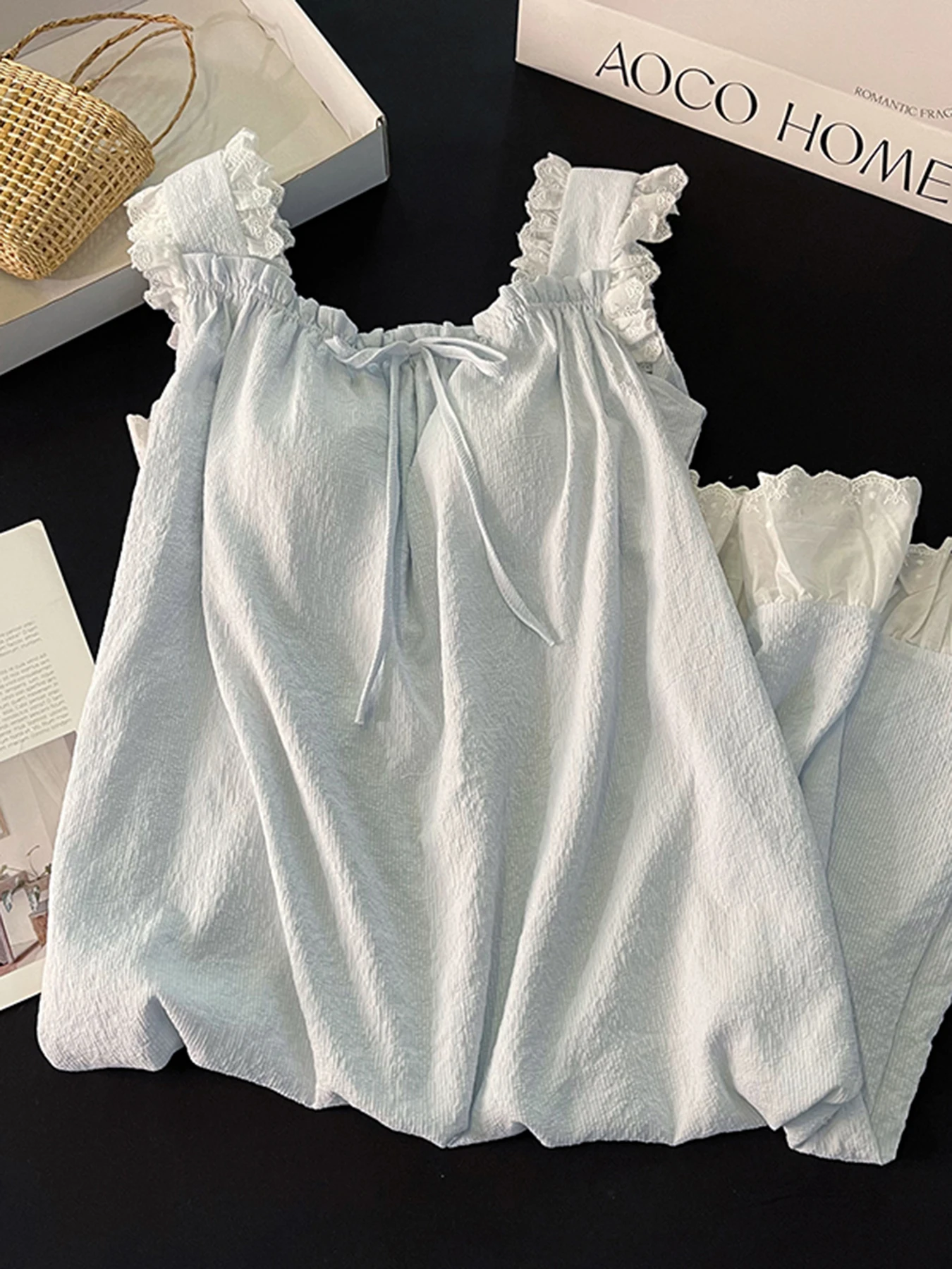 

Pure Cotton Summer Spwear Women's Blue Sexy Strap Nightgown with Chest Pad Loose Home Clothes Sweet Princ Sle