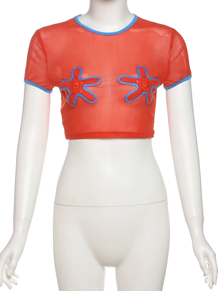 Estranho gato ver através de colheita topos apliques feminino verão praia tendência magro estiramento contraste o-pescoço sexy selvagem shorts manga t