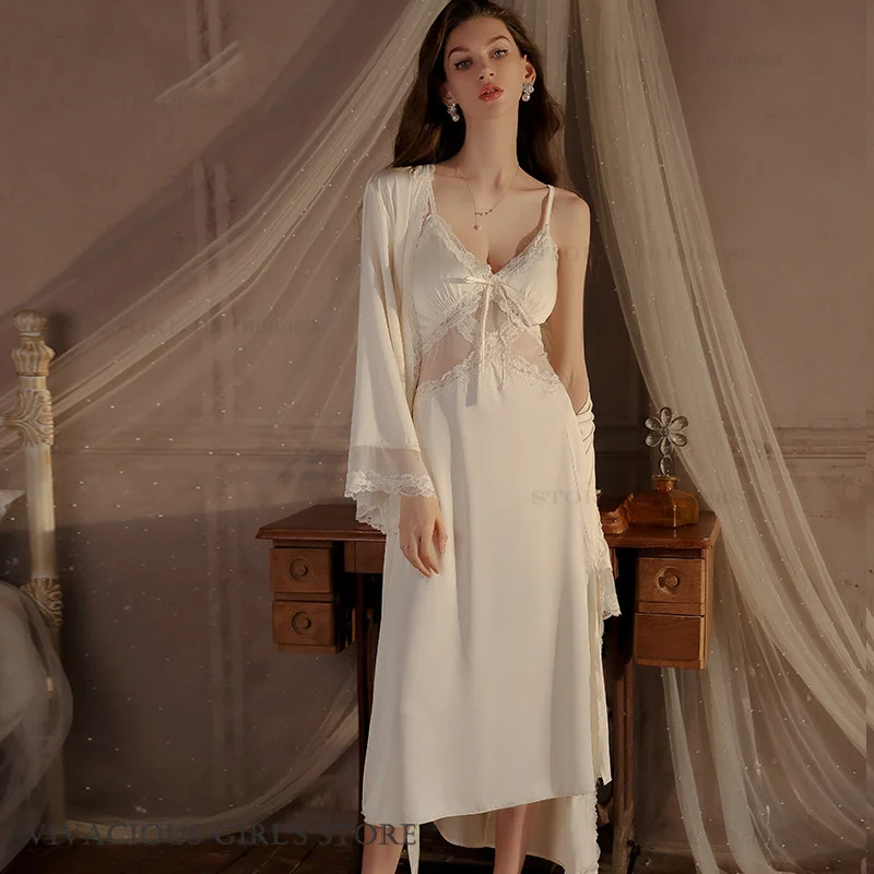 Sexy Lace Female Twinset Robe Set Intimate Lingerie Spring Summer Sleepwear Loungewear Ice Silk Satin Long Nightdress Homewear
