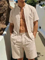 Camisas de Manga Corta de Lino y Algodón de Color Sólido para Hombre, Camisetas de Verano para Vacaciones en la Playa con Bolsillo, Traje Informal Ligero de Lino y Algodón