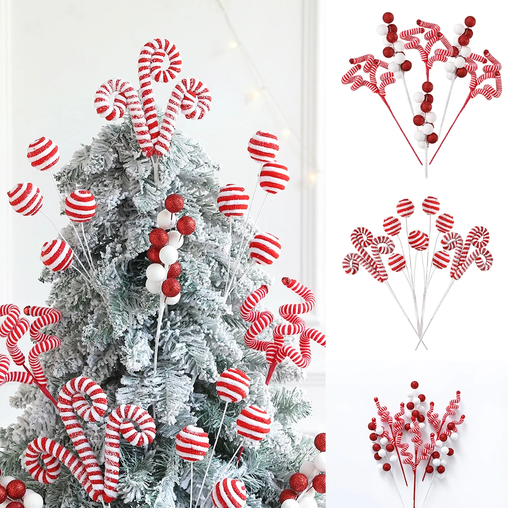 

1/10Pcs Christmas Red White Striped Cuttings Xmas Tree Spiral Twisted Berry Foam Ball Branches Vase Twig New Year Home Decor