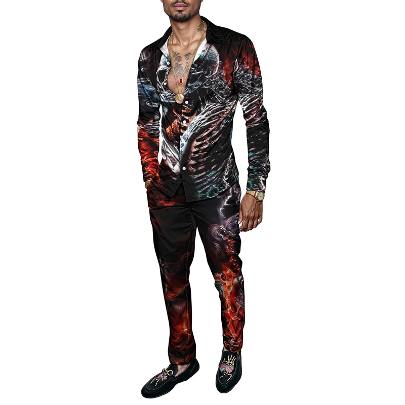 

2025 весенне-летний мужской комплект рубашек с принтом черепа, модные цветы и растения, комплект из 2 предметов, мужской легкий вечерний комплект с принтом и длинным рукавом