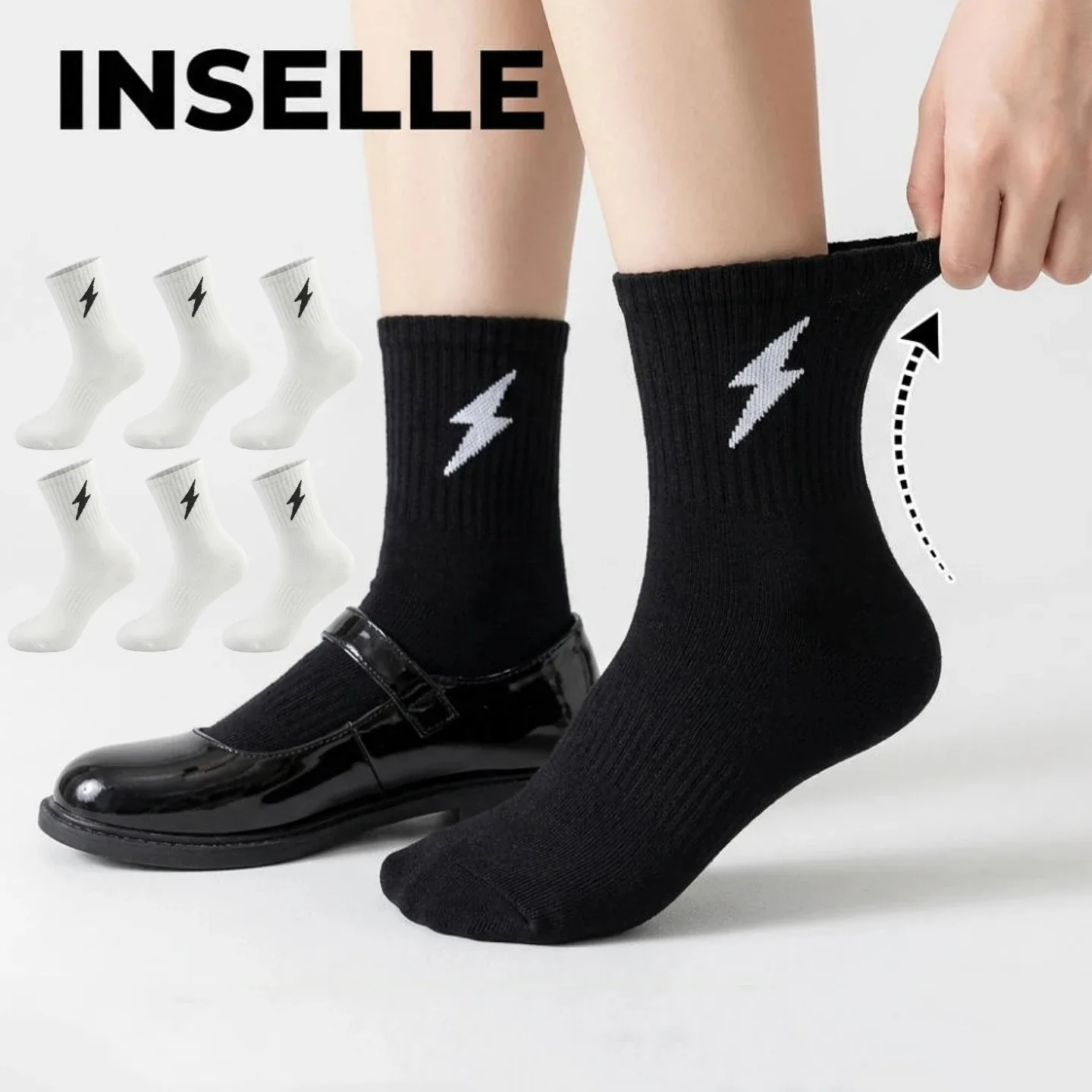 

INSELLE lightning embroidery vertical stripe mid tube sports pile socks for men and women, non slip and non shedding tube