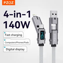 PZOZ 4 in 1 140W PD USB C Cable Digital Display Fast Charging For iPhone 17 16 14 Pro Max MacBook iPad USB Type C Cord Charger