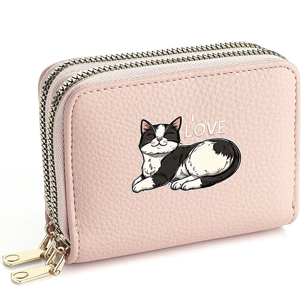 women Cute Black White Cat Pattern Double-Zipped PU Leather Wallet with Multiple Card Slots And Coin Pocket Small wallets