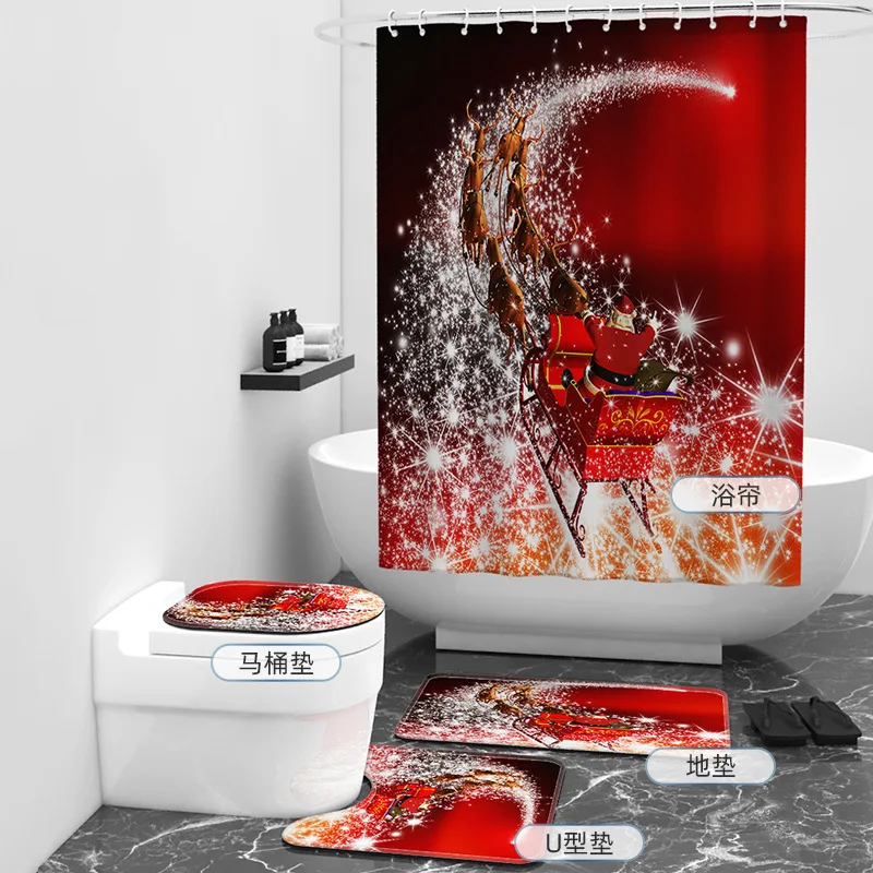 Santa Claus 3D Printed Bathroom Set Together Shower Curtain Rug Set Bathroom Mats Rugs Toilet Decor Mat 02