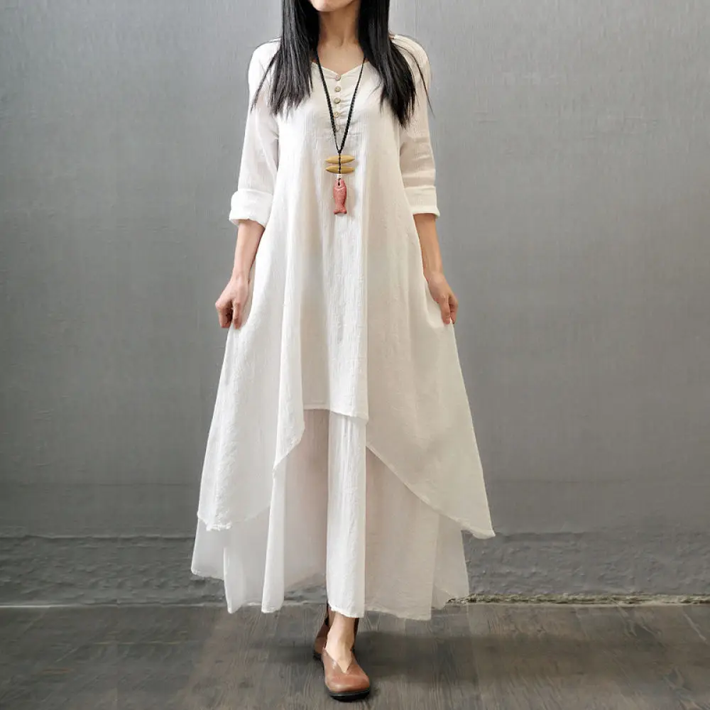 Fashion Womens Fake Two Piece Long Sleeve Maxi Dress Cotton Linen Casual Loose Fit V Neck Elegant Vintage Breathable Apparel