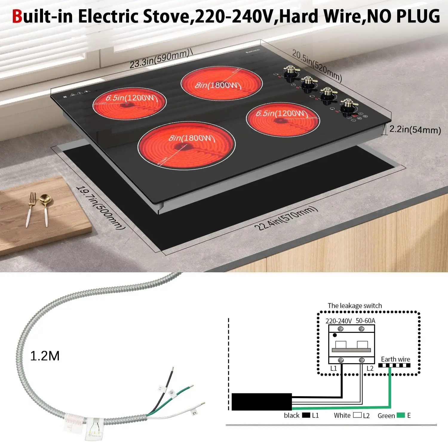 Karinear Placa vitrocerámica eléctrica  60CM, 4 zonas, encastrable con mandos de control, 6000W 220~240V Cableado (Sin Enchufe)