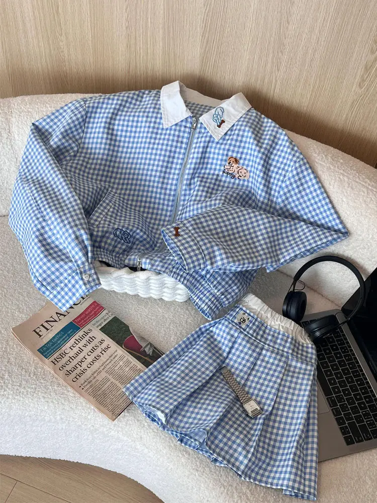 Ropa de otoño para mujer, nueva moda coreana, camisa holgada a cuadros, abrigo, Falda corta acampanada, conjuntos de dos piezas, trajes para mujer