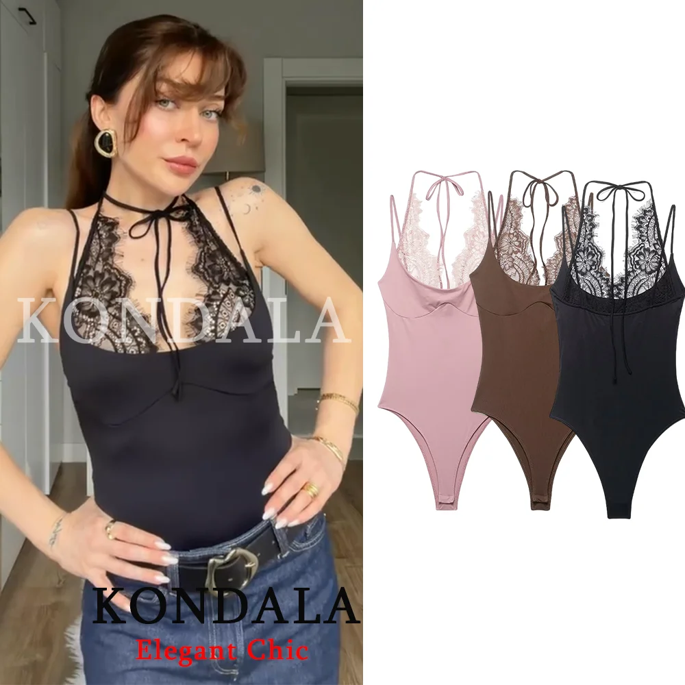 

Женский сексуальный комбинезон KONDALA с кружевными вставками и вырезом халтер, облегающий боди, модный топ-футляр для пляжных вечеринок и отпуска, весна-лето 2026