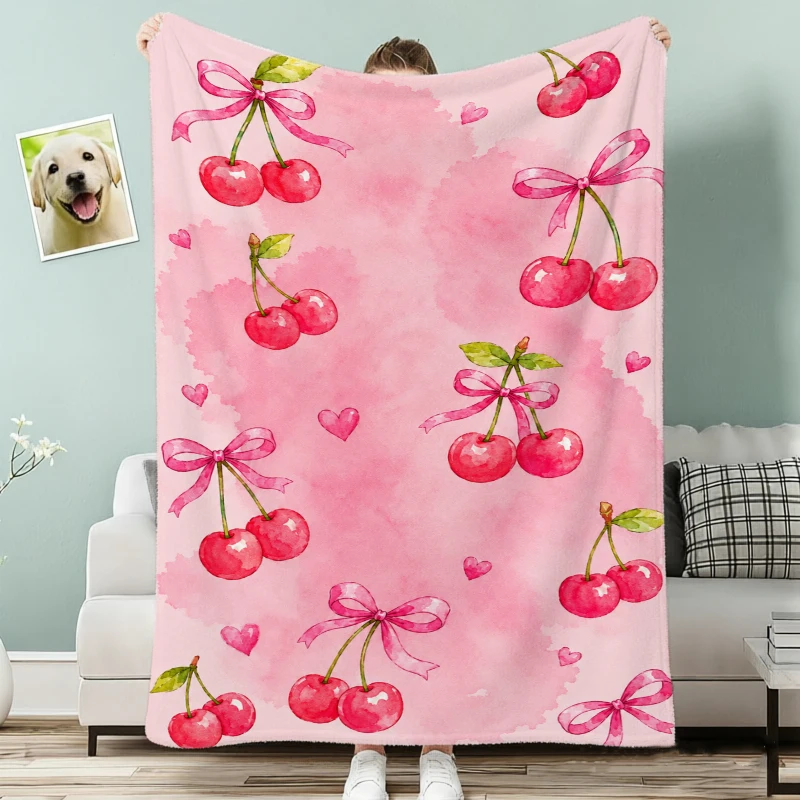 Pink Background Red Cherry Bow Heart Sweet Fleece Blanket For Romantic Bedroom Decor Lightweight Plush Throw Blanket Accent