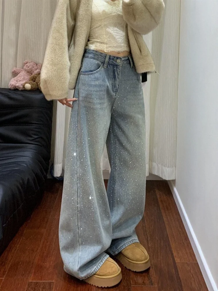

High Waist Straight Leg Jeans Women's Spring 2026 New plus Size Slimming Loose Fit Diamond Embellished Denim Pants Trendy