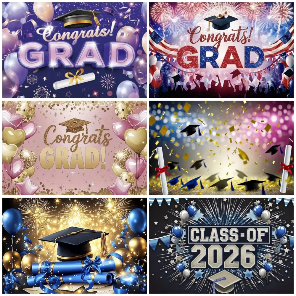 

Graduation Prom Party Decoration Congratulations Grad Black Gold Glitter Backdrop Mortarboard Balloon Supplies Photography Props