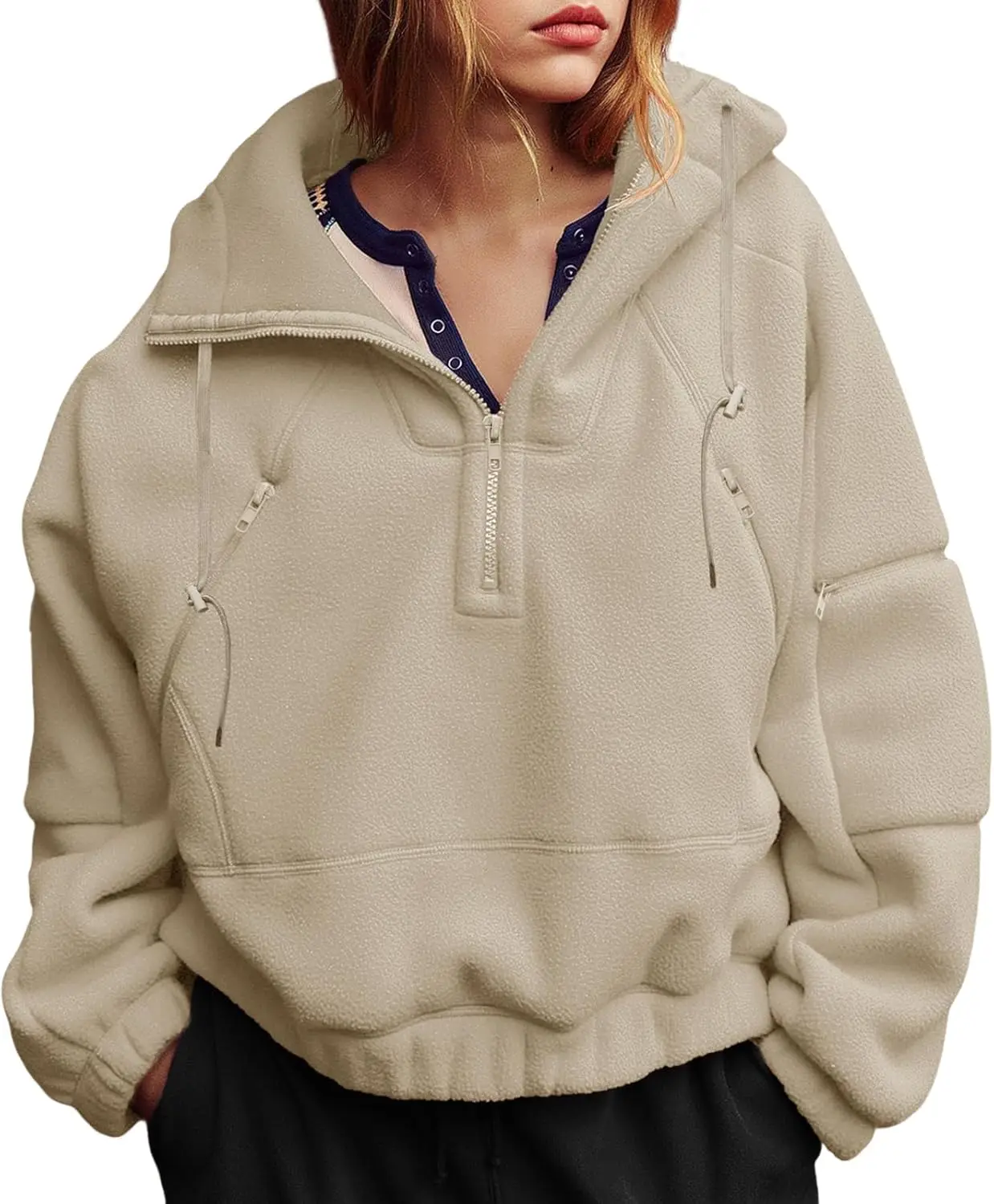 

Fisoew Womens Half Zip Fleece Hoodies Pullovers Oversized V Neck Sweatshirts Long Sleeve Hooded Tops with Pockets
