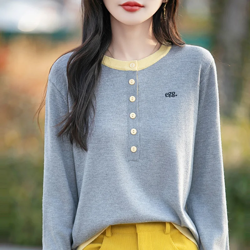 

Новый вязаный свитер с вышивкой в стиле колор-блок для женщин, модный пуловер из шерсти на весну и осень 2026 года