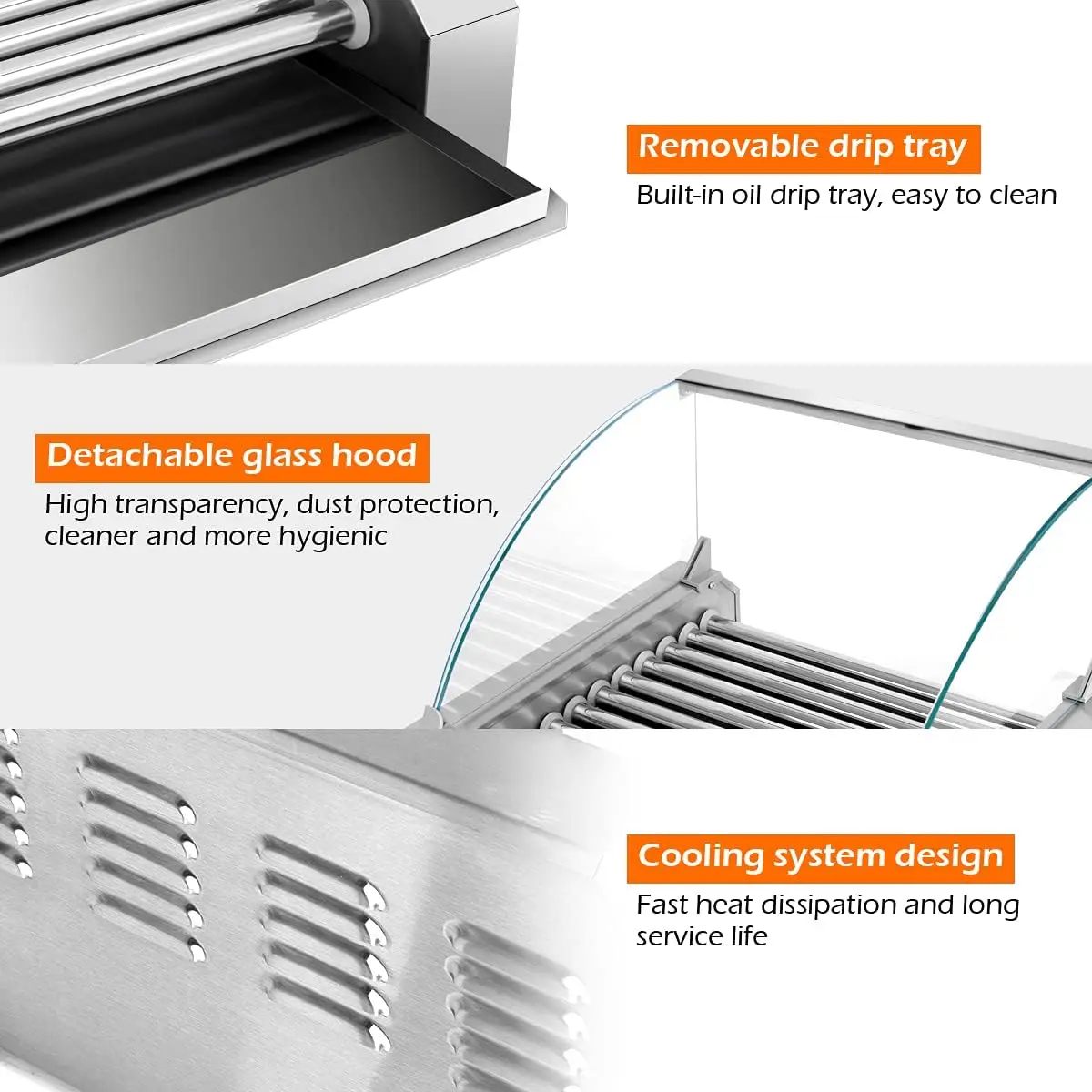 11 Non-Stick Rollers 30 Sausage Grill Cooker with Removable Stainless Steel Drip Tray and Glass Hood Cover, Commercial Household