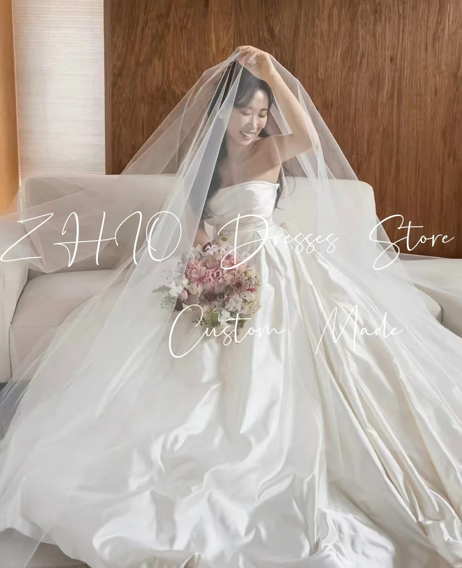 ZHIO Princess White Taffeta Wedding Dress Strapless Corset A-Line Korea Photo Shoot Bridal Reception Gown Customized 웨딩드레스