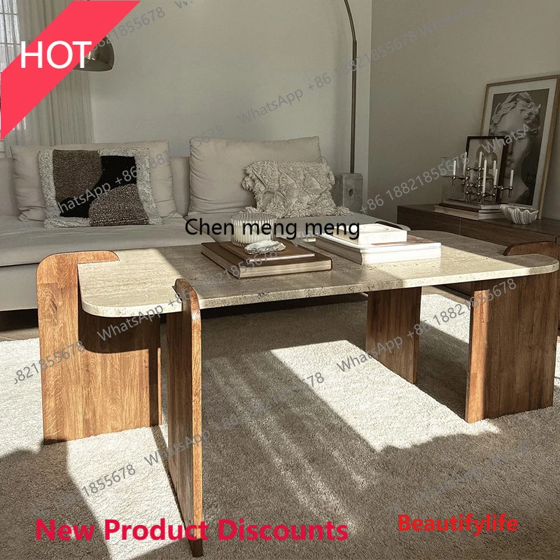 

P32 Журнальный столик из натурального травертина, чайный столик из массива дерева, прямоугольный журнальный столик для гостиной, римская пещера