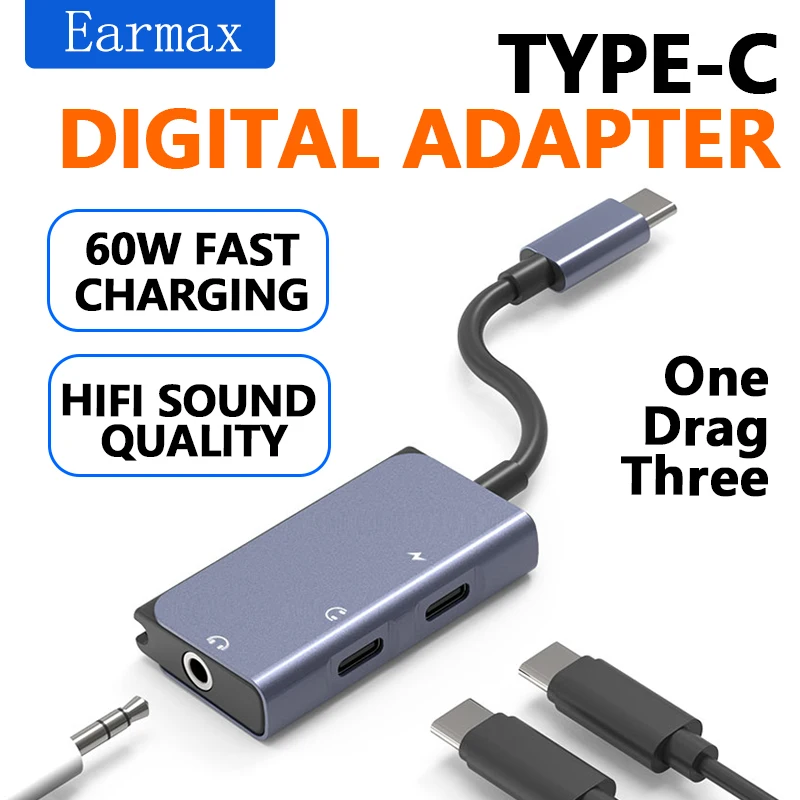 

Type-C Headphone Adapter Three-In-One Audio Charging Game K-Song Converter PD60W Fast Charging Adapter