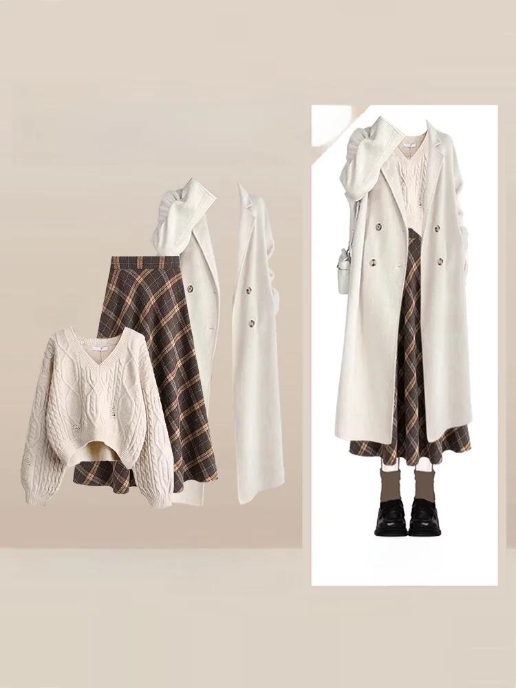 루즈 울 코트 티피스 세트 한국 스타일 가을 겨울 패션 독특하고 매력적인 스커트 앙상블 여성 의류