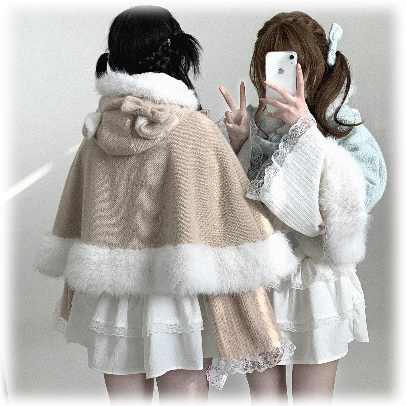 Mine Sweet Lolita Hooded Cloak for Women Winter Girl's Princess Cute Bow Plush Warm Capes Ladies Y2k Ponchos Short Jackets 2025