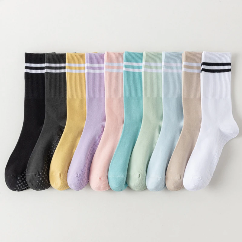 Neue Socken Candy Farbe Gestreiften Yoga Baumwolle Mid-kalb Unten Nicht-slip Pilates Socken Indoor Gym Dance Fitness sport Boden Socken