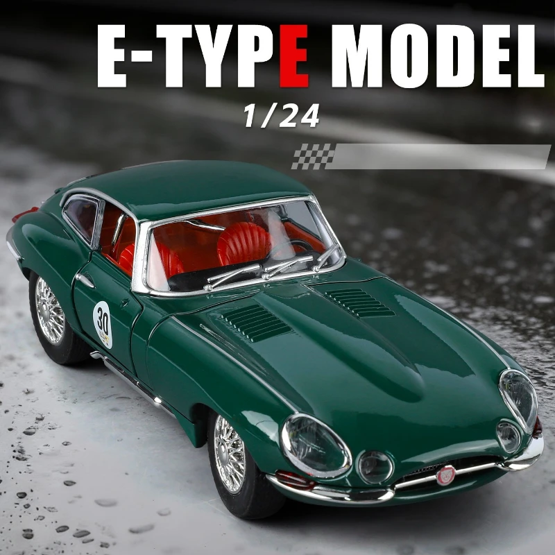 1:24 E-TYPE liga modelo de carro simulação retro vintage carro para crianças som luz série brinquedo presente tema decoração ornamento