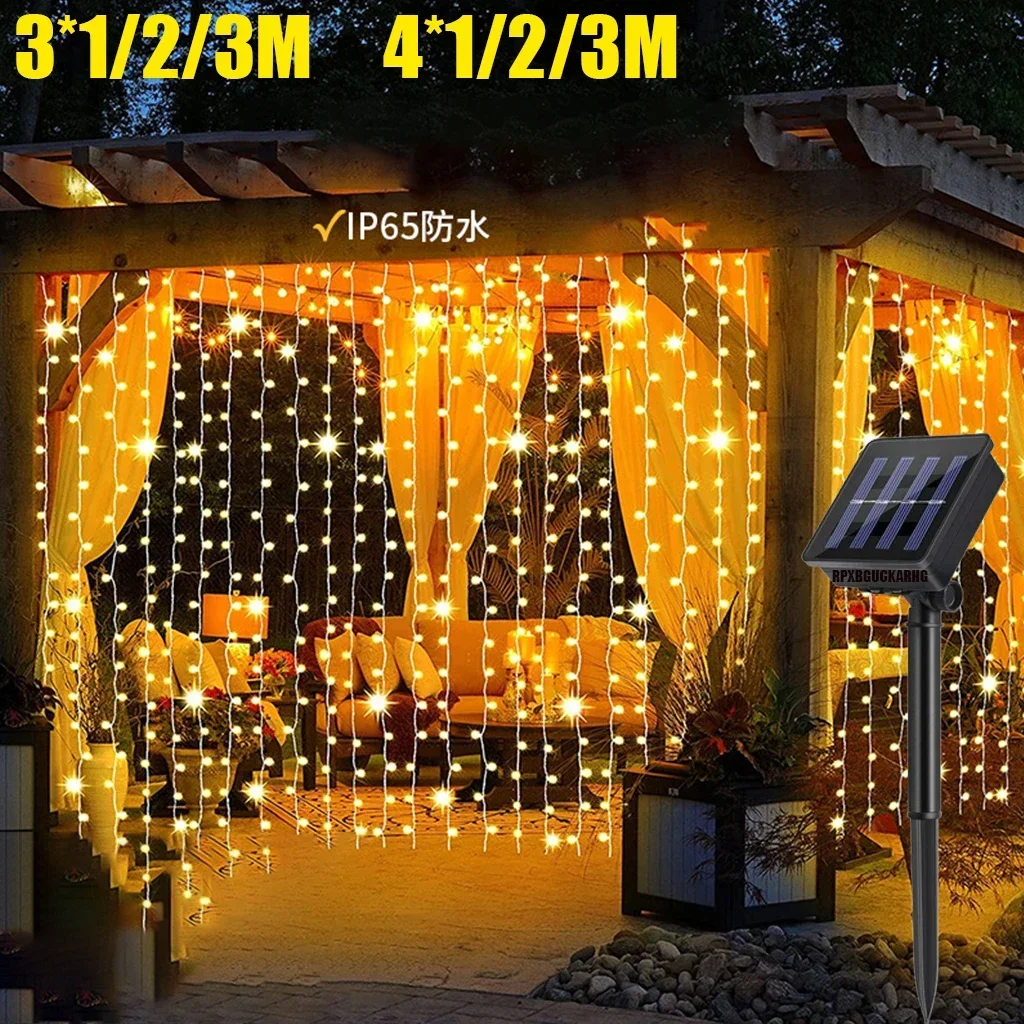 

Solar Outdoor Lights Garland Christmas Decoration 2023 LED Festoon Fairy Curtain Light 4Mx3M For Xmas Wedding New Year Decor