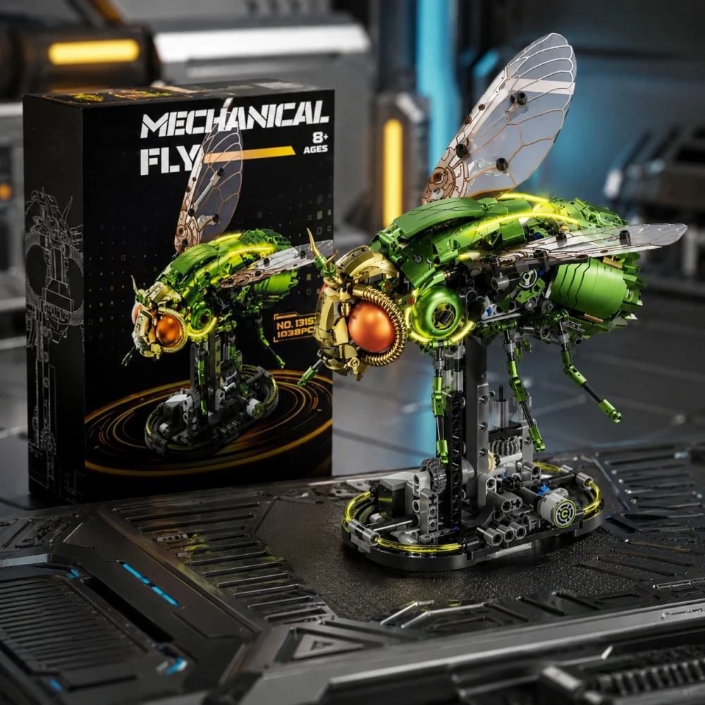 New 1038pcs STEM Drosophila Fly Building Blocks, Technical Cyberpunk Mechanical Linkage Insect Model, Gear Rotation Light Toy view 5