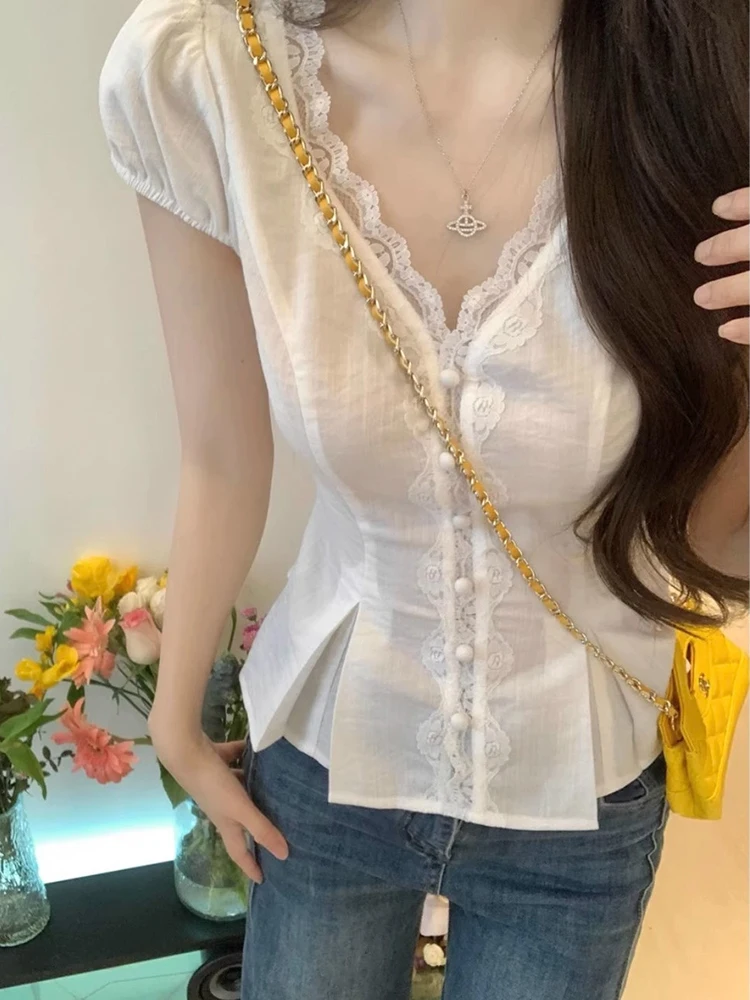 

Women's Summer White Short Sleeve Slimming Tops Casual Chic Elegant French Style Fashion Lace Ruffed V-Neck Shirts
