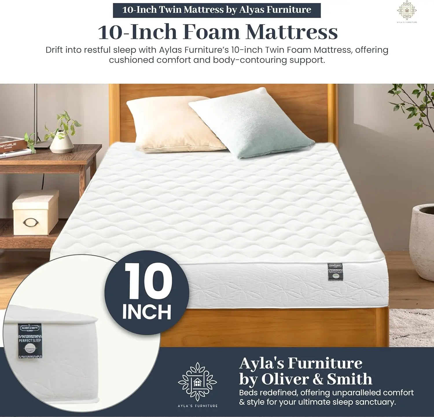 Twin Bed Mattress 10 Inch Twin Foam Mattress High Density Reflex Support Layer Visco-Elastic Comfort Foam with Premium Polyester