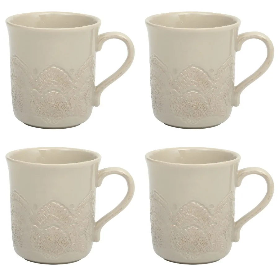 Vintage Lace Ceramic Mug Set Taupe 4-Pack