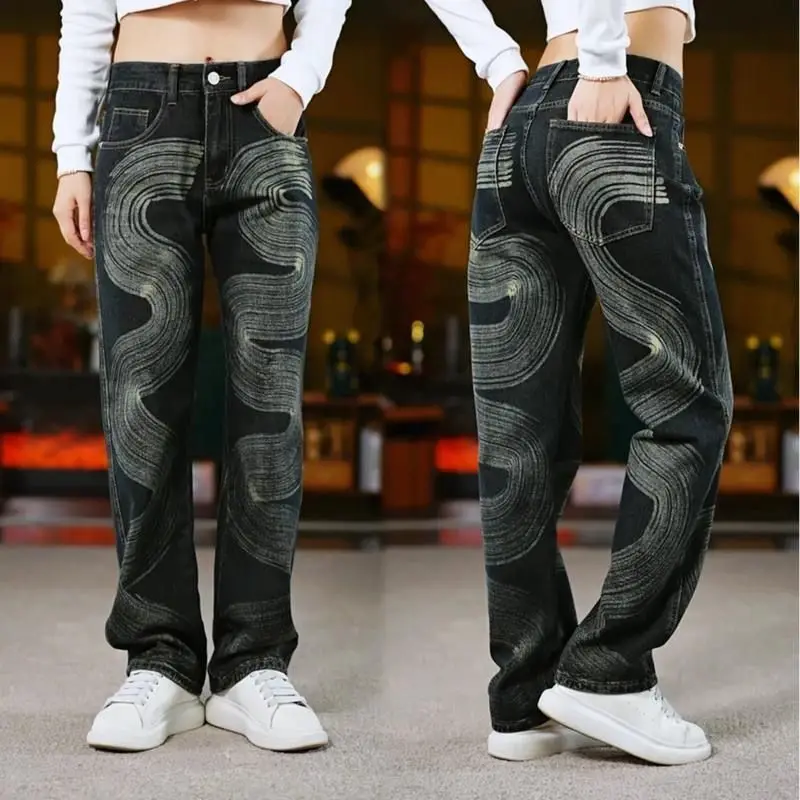 

Мужские джинсы из денима с принтом, эластичные, с узором орла, модные, брендовые, молодежные, прямые брюки, корейский стиль, повседневная одежда