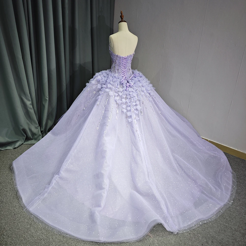 エレガントなプリンセスボールガウンキンセアニェーラドレスストラップレスパープルクリスタルカスタマイズされたビーズフリルvestidos de fiesta DY1189
