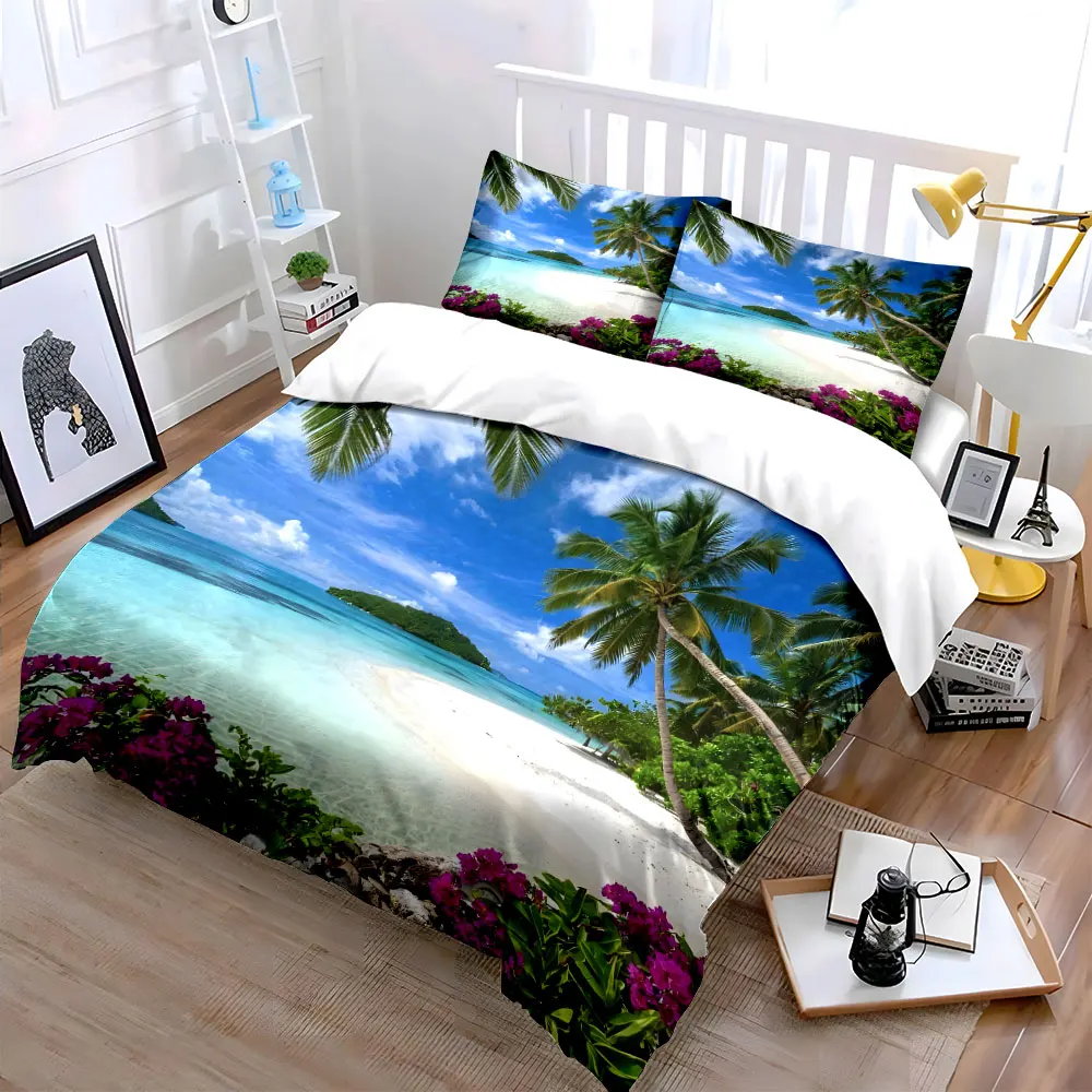 Tropical white beach with blue water Bedding Set for Kids Luxury Gift 3pcs Digital Print Comforter Set Soft Comfortable