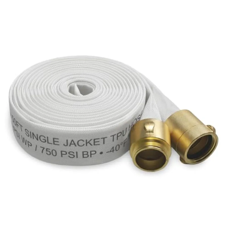 

Пожарный рукав с одинарной оболочкой и ТПУ-покрытием, 250 фунтов на кв. дюйм (рабочое давление), 750 фунтов на кв. дюйм (разрывное давление), с латунными соединениями M x F NST NH, легкий, прочный.