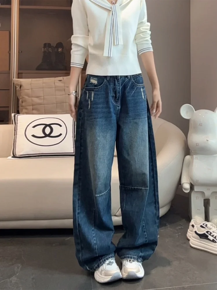 

Джинсы женские больших размеров в американском ретро-стиле, осенне-зимние, свободные, с высокой талией, прямые, широкие штанины, для фигуры типа «груша»