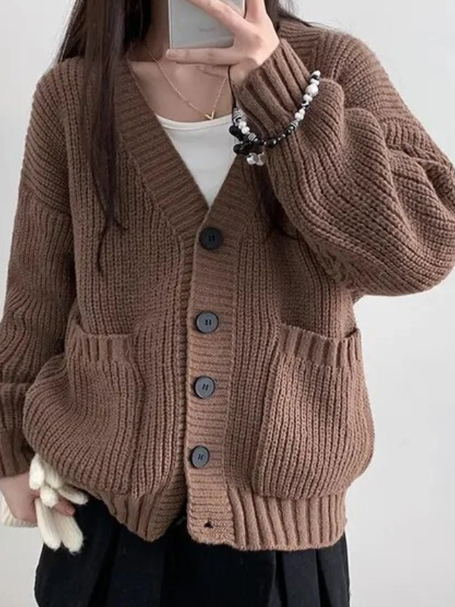 Korean Coffee Color Knitwear Coat Women's Autumn Winter Loose Outerwear Lazy Style Retro Soft Sweater Cardigan V-neck Single-...