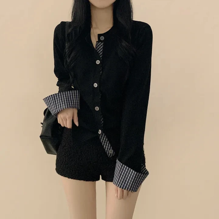 

Women's Chic Lazy Sle Knitted ort Sweater Plaid Patchwork Fake Two-Piece Open Cardigan Spring Faion Casual Top