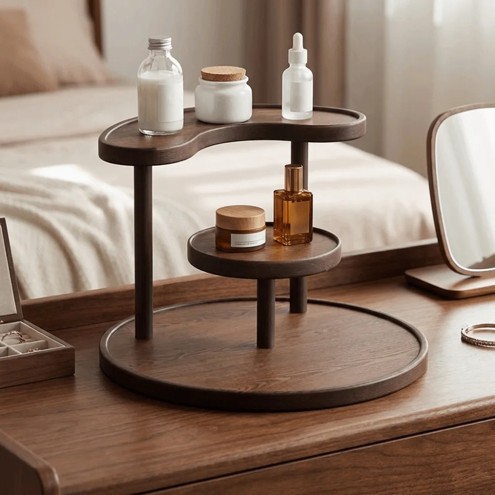 Curved Edge 3-Tier Round Shelf Detachable Space Saving Round Base Storage Rack Large Capacity Desktop Organizer for Bedroom