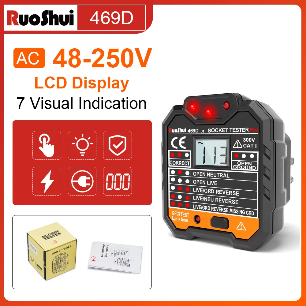 RuoShui Electrical Outlet Tester GFCI Receptacle Circuit Tester,48-250V AC Outlets Plug Tester,3 Prong Voltage Socket Checker