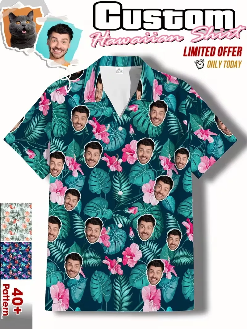 

Персонализированная гавайская рубашка для мужчин и женщин с фотопечатью, воротником-лацканом, на пуговицах, с коротким рукавом, пляжная рубашка-топ